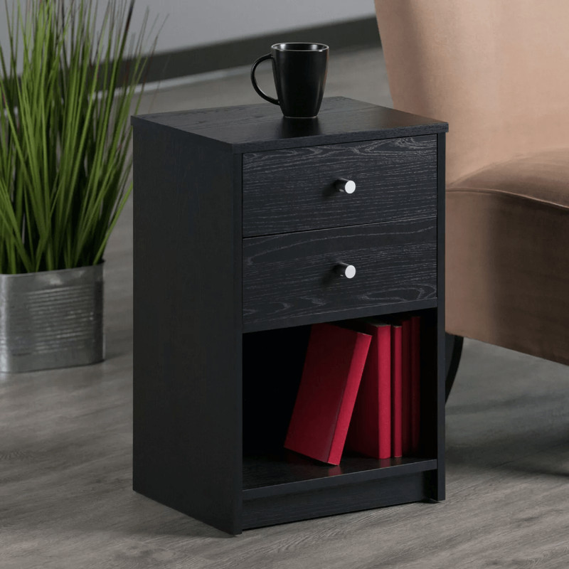 Modern Black 2 Drawer Nightstand Wood Storage End Table Bedside Organizer 0