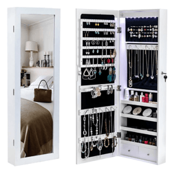 wall & door mounted mirror jewelry cabinet with lock, led lighted armoire organizer for secure storage