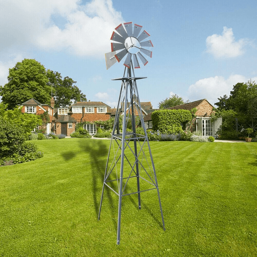 8FT Windmill For Yard Garden Durable Metal Ornamental Wind Mill Weather Resistant Outdoor Decoratio