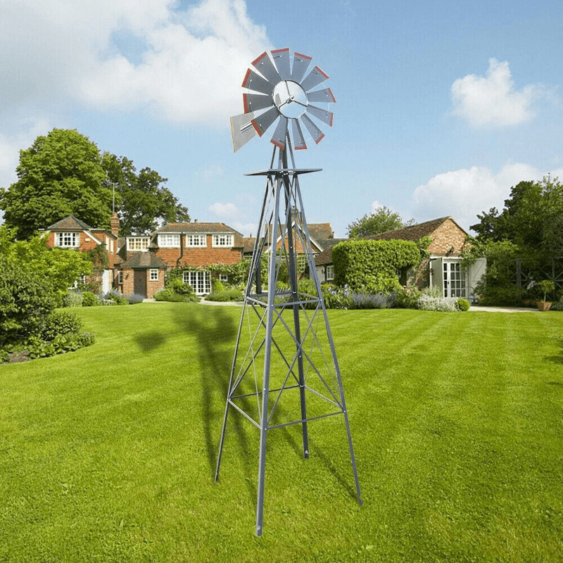 8FT Windmill For Yard Garden Durable Metal Ornamental Wind Mill Weather Resistant Outdoor Decoratio
