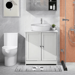 modern bathroom vanity cabinet with single wood vessel sink