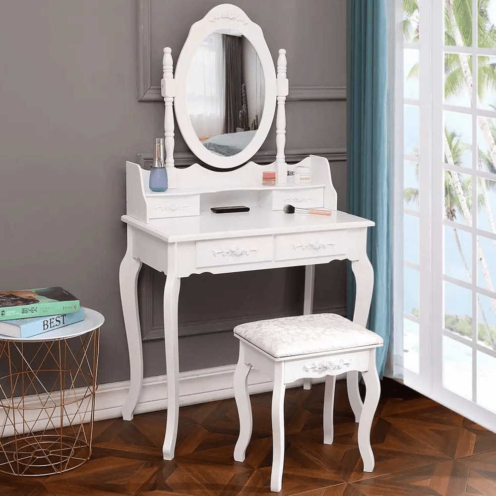 Makeup Vanity Desk With Mirror 4 Drawers Elegant Bedroom Dressing Table Set 1
