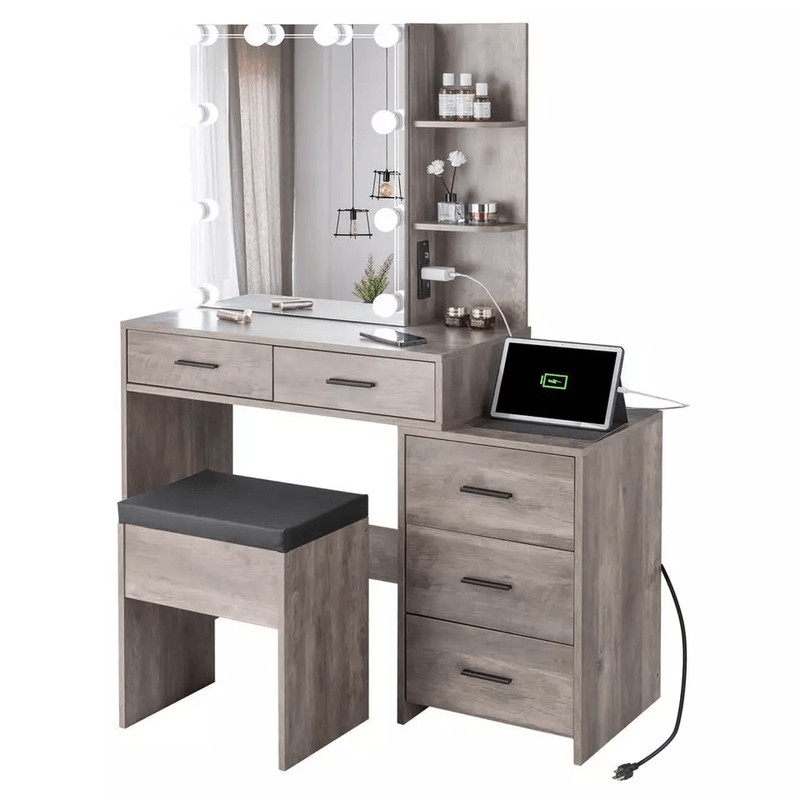 LED Lighted Vanity Set With Sliding Mirror 5 Drawer Makeup Dressing Table 2