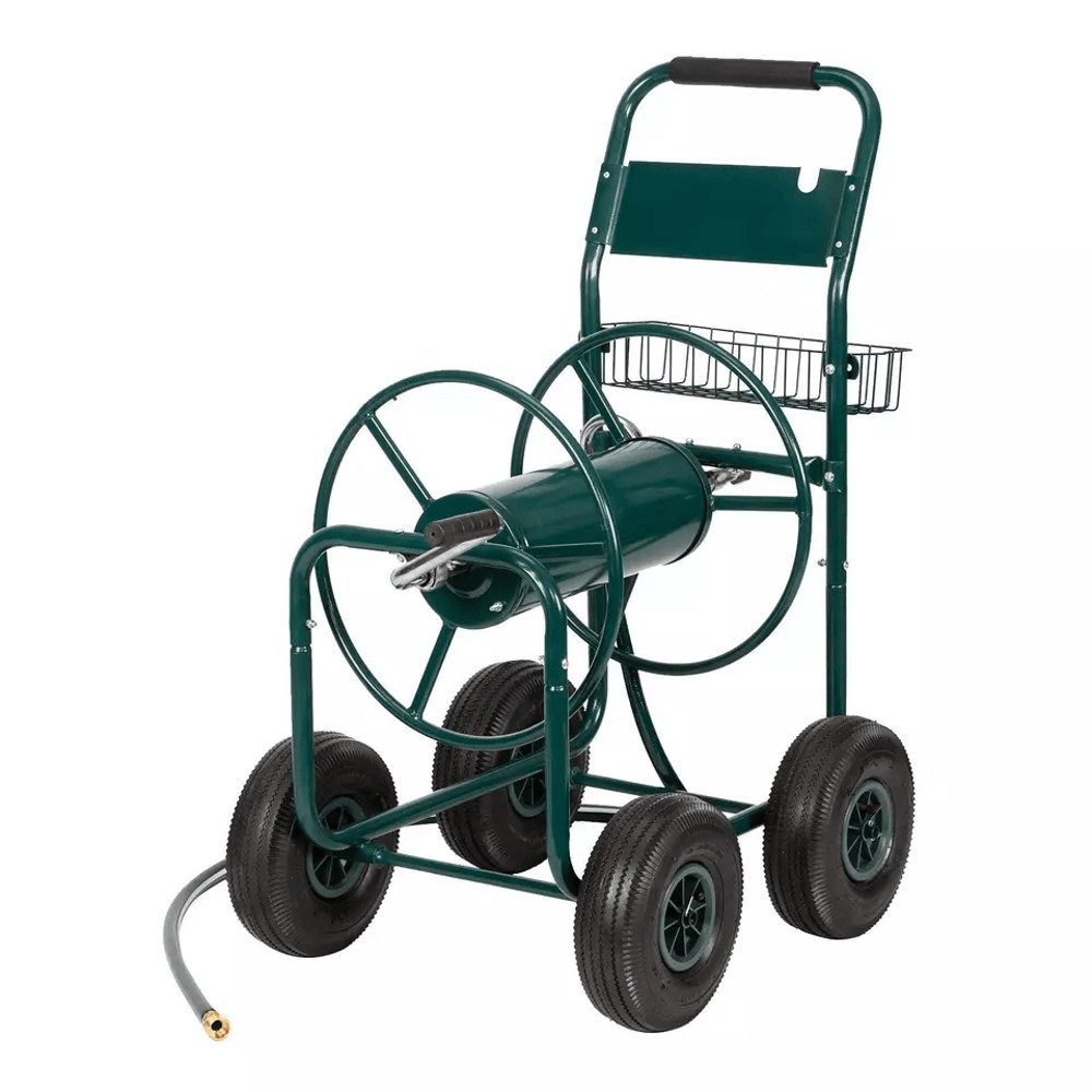 HeavyDuty Garden Metal Hose Reel Cart With Storage Basket 300ft Capacity 10 Pneumatic Wheels For Y 0