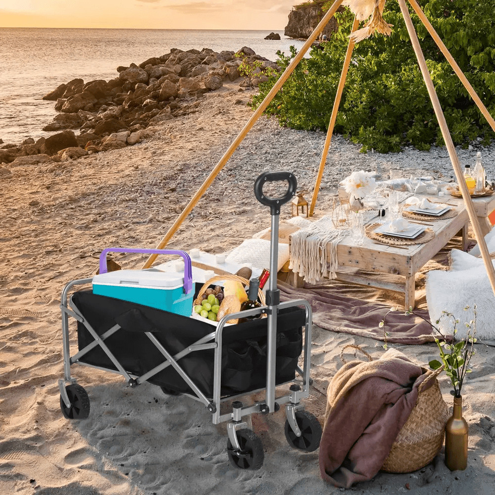 Heavy Duty Collapsible Folding Wagon Cart Black Steel Frame Oxford Fabric  Ideal For Garden Beach C 2