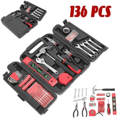 136pcs red household tool kit with case – complete mechanics tool set for home repairs & diy projects