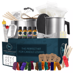 complete candle making kit includes 2 lbs soy wax, 16 color dye blocks, 4 fragrance oils, melting pot, thermometer, tins
