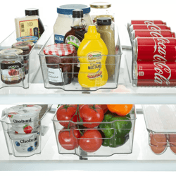 stackable refrigerator organizer bins, fridge storage containers set with magnetic whiteboard for kitchen organization