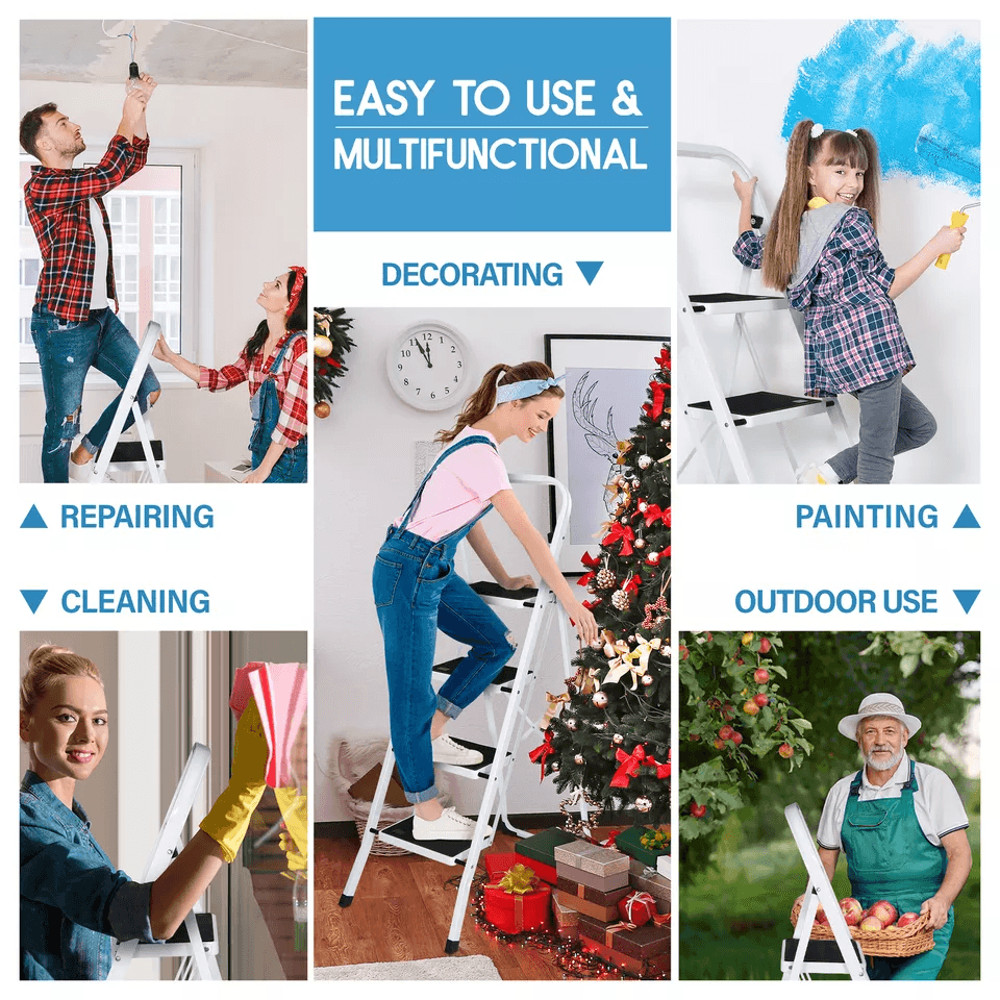 4 Step Folding Ladder With Handgrip AntiSlip Wide Pedals 330lbs Capacity Sturdy Steel Step Stool F 3