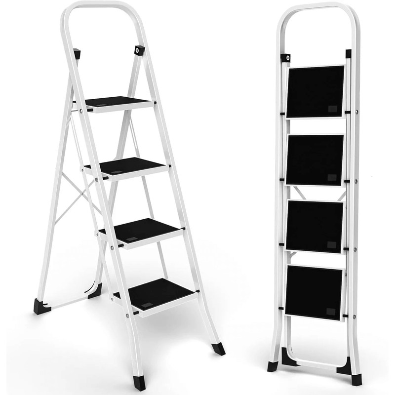 4 Step Folding Ladder With Handgrip AntiSlip Wide Pedals 330lbs Capacity Sturdy Steel Step Stool F 5