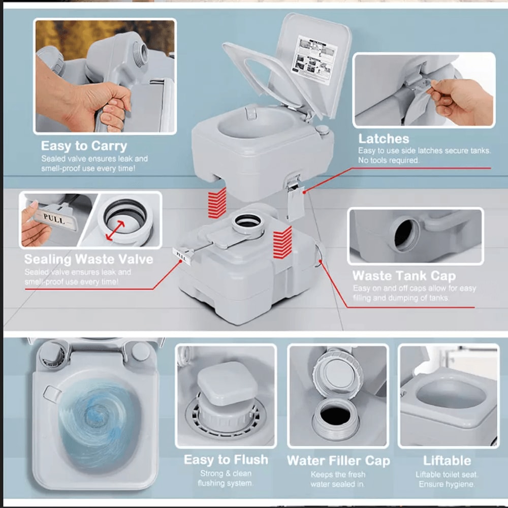 Portable Camping Toilet With Flush System Lid Ideal For RVs Boats Outdoor Adventures 4