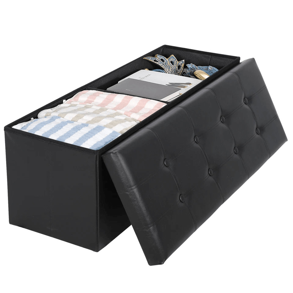 Black Leather Folding Storage Ottoman Bench Footrest Chest With Divider Ideal For Bedroom Living Ro 7