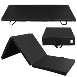 tri fold folding gym exercise mat, black yoga mat with handle for home & fitness training