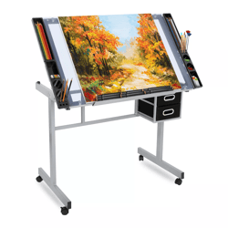 adjustable glass drafting table on wheels, mobile drawing desk with storage drawer for artists & designers
