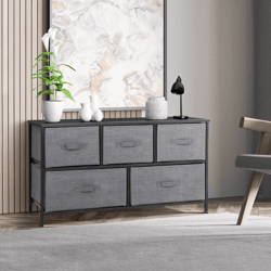 fabric dresser for bedroom with drawers, dark grey wide chest of drawers storage unit with metal frame and wooden top
