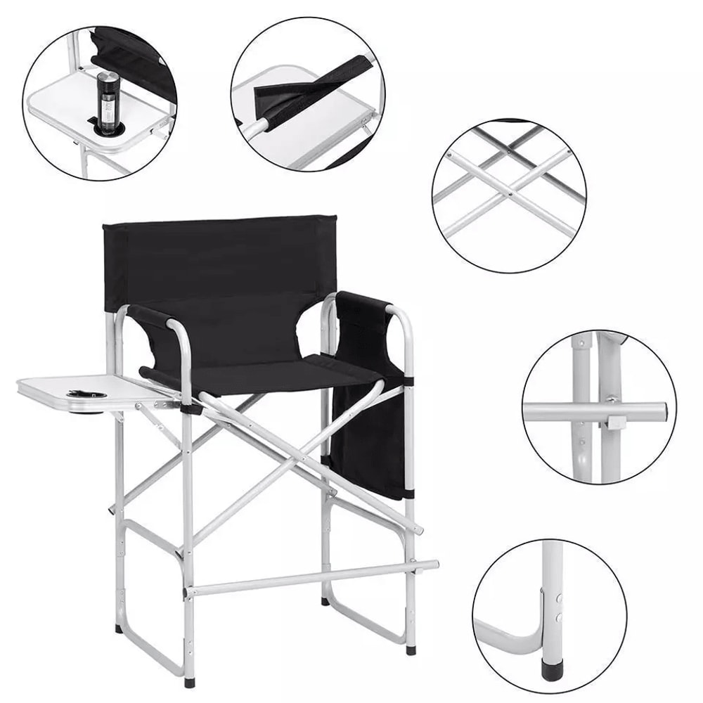 Tall Directors Chair Black Aluminum Folding Chair With Footrest Cup Holder Portable For Outdoor 2