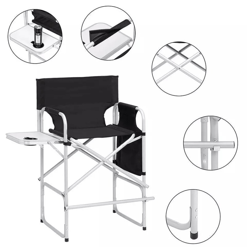 Tall Directors Chair Black Aluminum Folding Chair With Footrest Cup Holder Portable For Outdoor 2