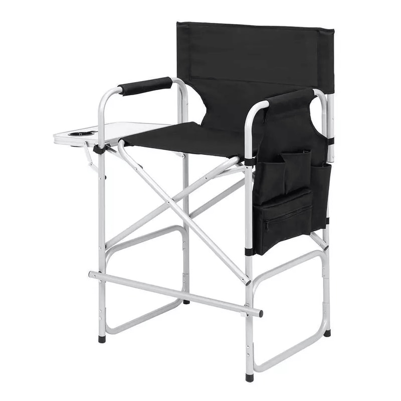 Tall Directors Chair Black Aluminum Folding Chair With Footrest Cup Holder Portable For Outdoor 3