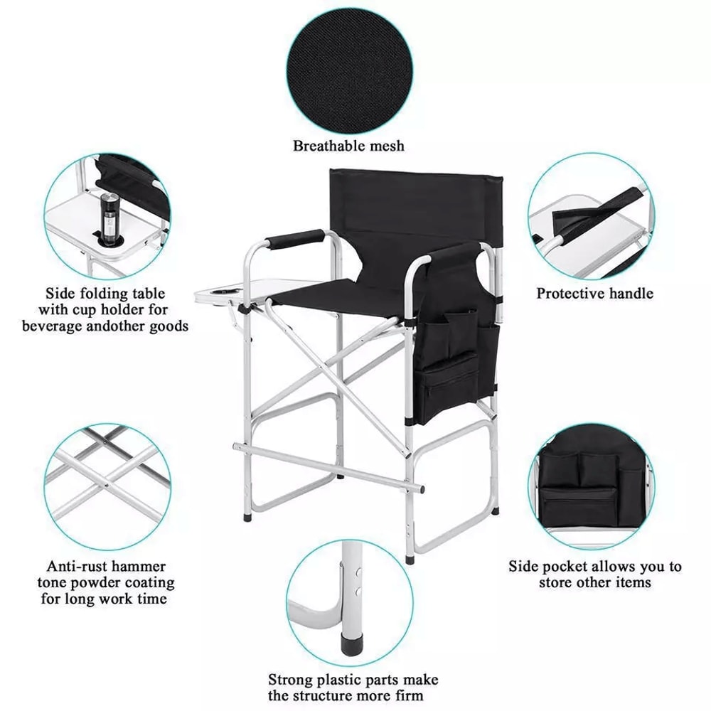 Tall Directors Chair Black Aluminum Folding Chair With Footrest Cup Holder Portable For Outdoor 4