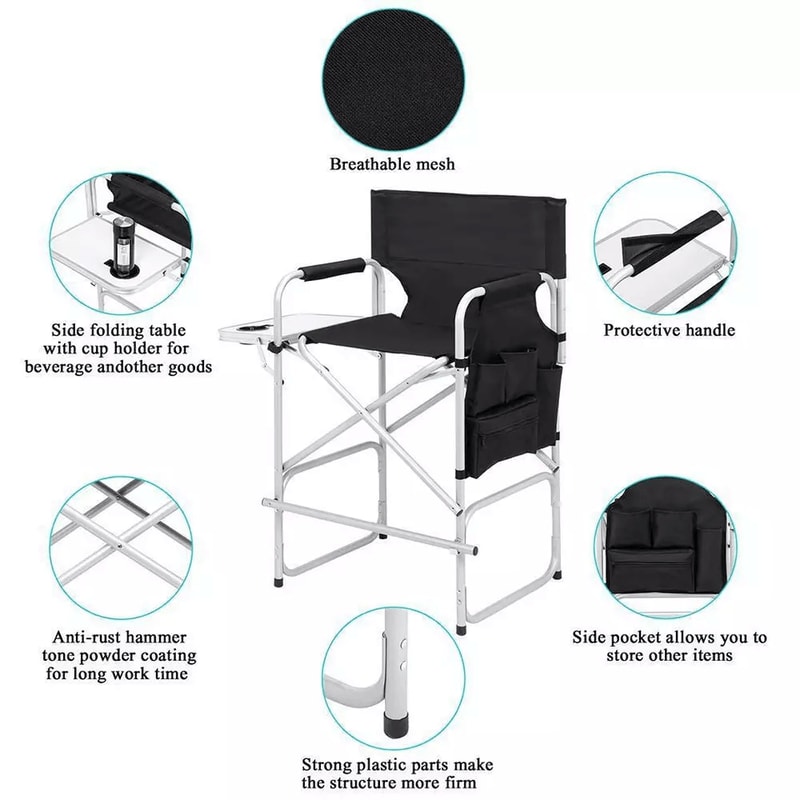 Tall Directors Chair Black Aluminum Folding Chair With Footrest Cup Holder Portable For Outdoor 4