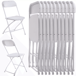white plastic folding chairs, stackable, portable seating for weddings, parties, camping, dining & home use