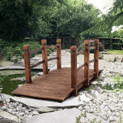 wooden garden bridge, stained solid wood arch with safety rails, decorative outdoor courtyard footbridge