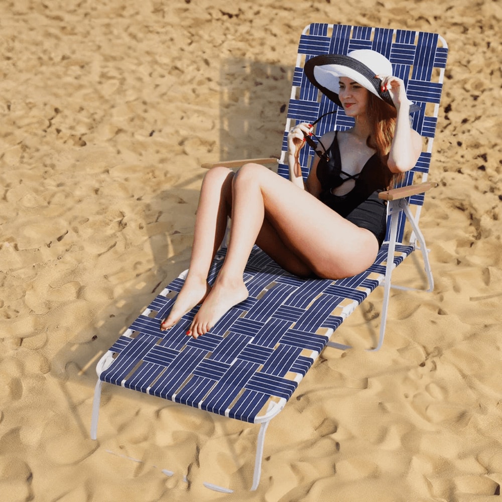 Four Seasons Courtyard Blue High Back Web Chaise Outdoor Lounge Chairs Durable Patio Furniture 3