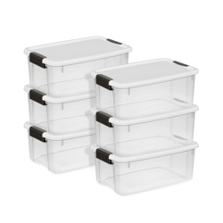 sterilite clear plastic stackable storage bin w/ white latch lid, durable totes for home, garage, attic, and office use