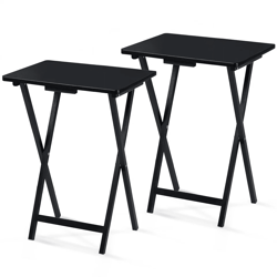 black pj wood folding tv tray tables with storage rack, wooden set for snacks, workstation, laptop desk