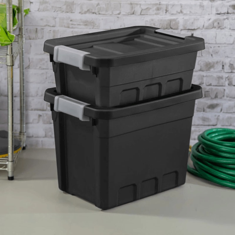 Industrial Storage Totes With Latch Clip Lids Black Stackable HeavyDuty Plastic Bins For Garage Hom 3