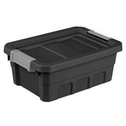 industrial storage totes with latch clip lids, black, stackable heavy-duty plastic bins for garage, home organization