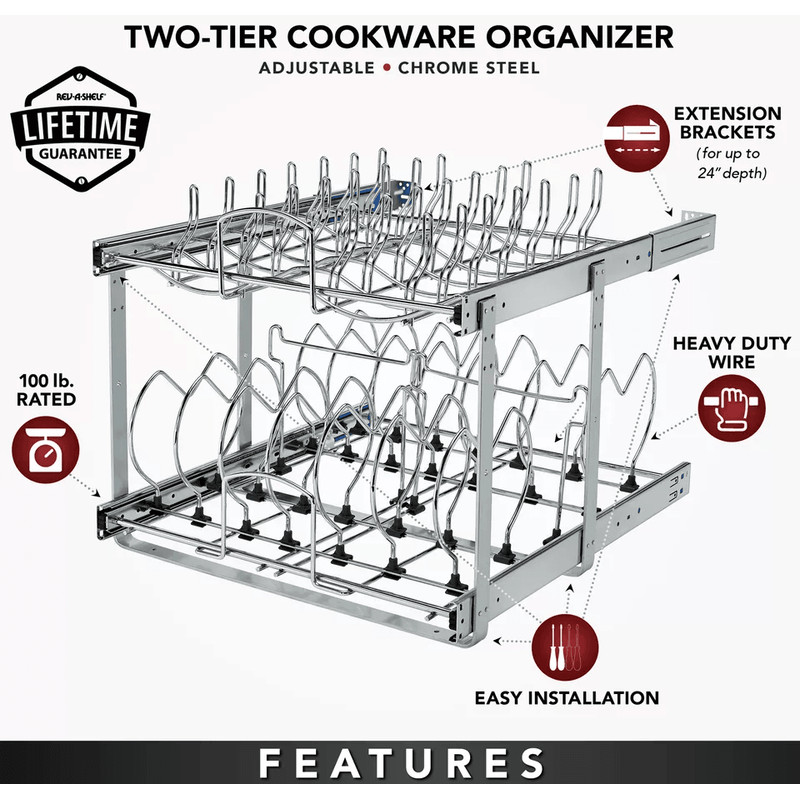 Chrome RevAShelf Pullout Cabinet Organizer For Pots And Pans Sliding Rack With Adjustable Dividers  4