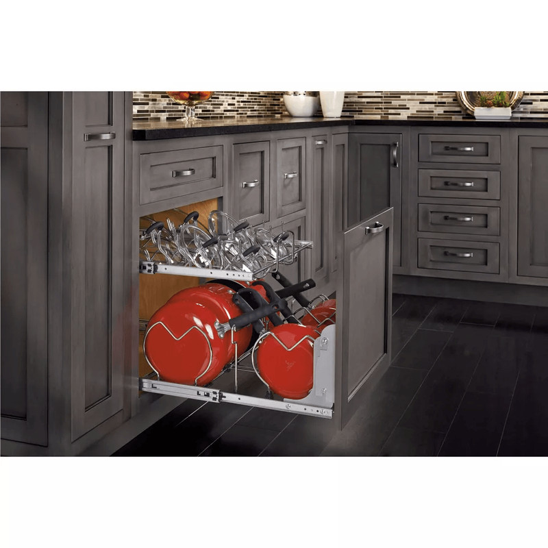 Chrome RevAShelf Pullout Cabinet Organizer For Pots And Pans Sliding Rack With Adjustable Dividers  1
