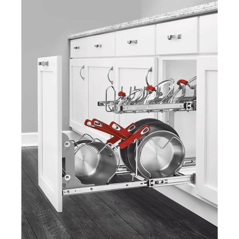 Chrome RevAShelf Pullout Cabinet Organizer For Pots And Pans Sliding Rack With Adjustable Dividers  2