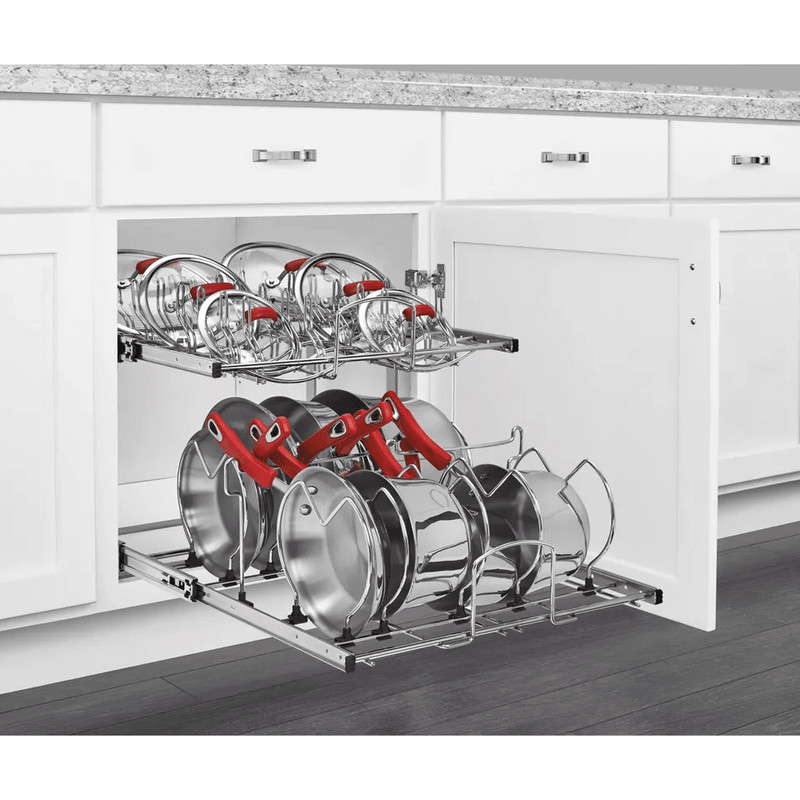 Chrome RevAShelf Pullout Cabinet Organizer For Pots And Pans Sliding Rack With Adjustable Dividers  3