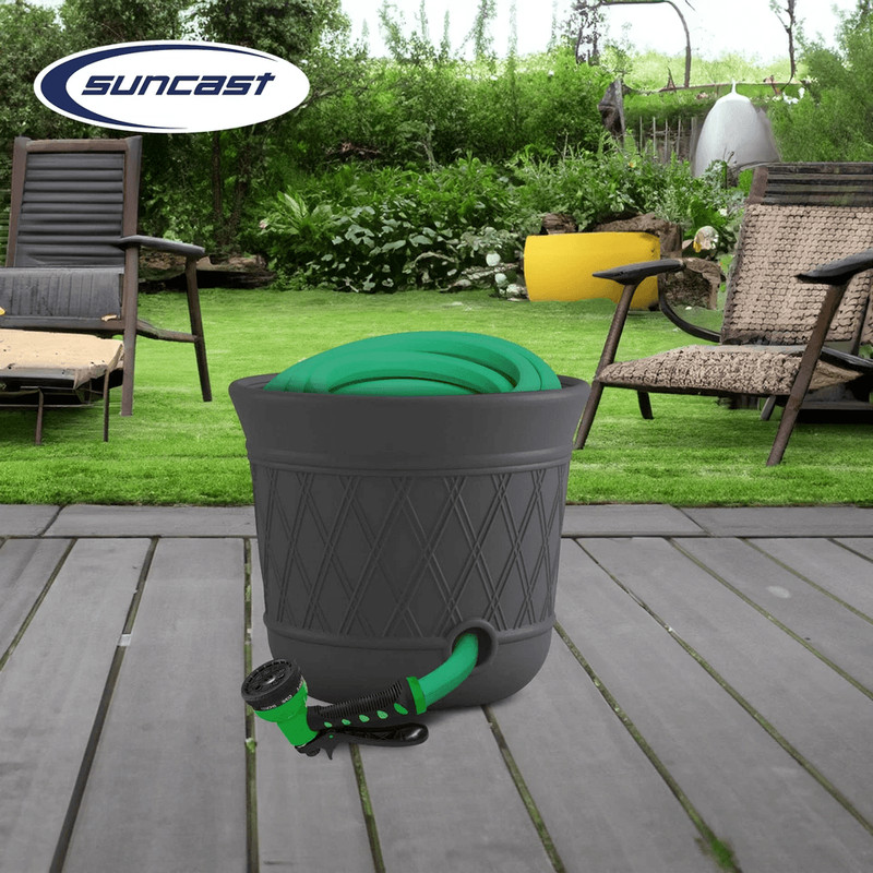 Suncast Gray Resin Decorative Garden Hose Storage Pot Outdoor Hideaway Hose Holder With Drainage Ho 1