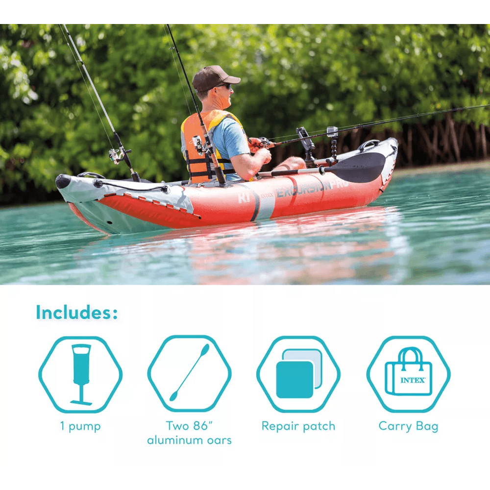 Intex Excursion Pro Inflatable Kayak Fishing Kayak With Oars Pump Rod Holders Portable Vinyl Boat 1