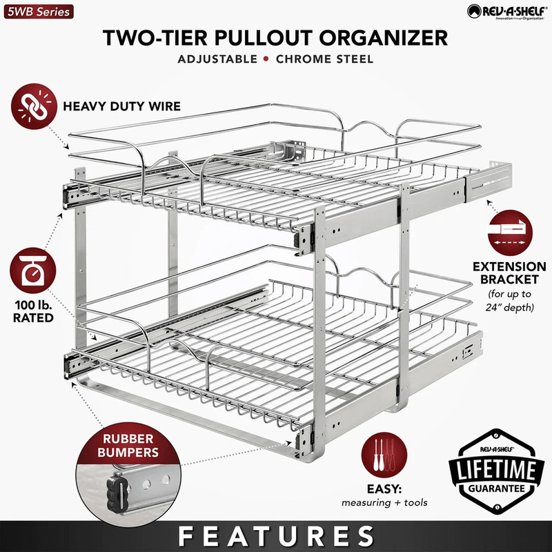 RevAShelf 5WB22122CR1 2Tier PullOut Cabinet Organizer  21x22 Inch HeavyDuty Chrome Wire Shelf 4