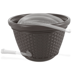suncast resin wicker garden water hose caddy storage holder pot, java, outdoor decorative hose organizer for hose