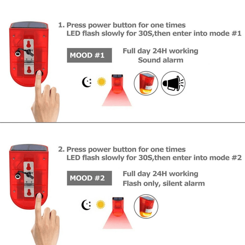Solar Alarm LED Light Outdoor Wireless Motion Sensor Detector With 110dB Siren And Flashing Strobe 7