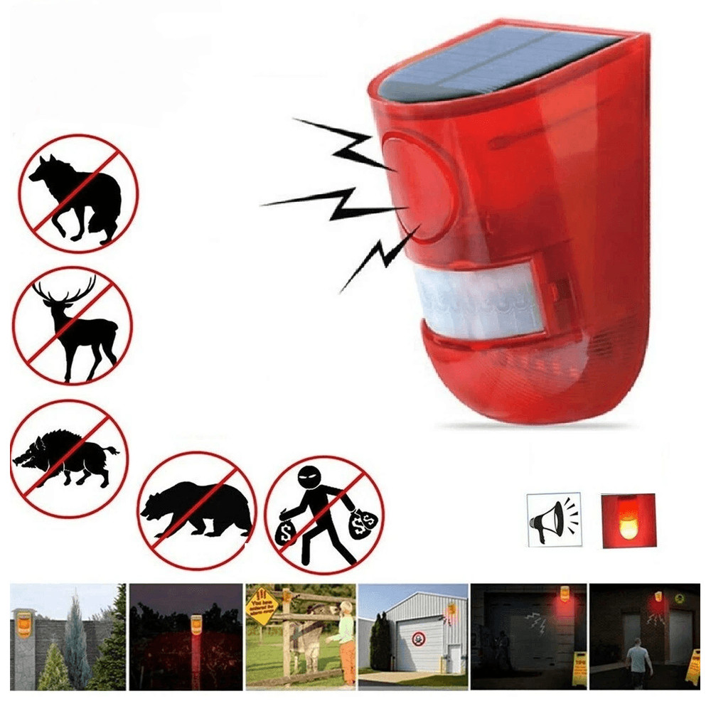 Solar Alarm LED Light Outdoor Wireless Motion Sensor Detector With 110dB Siren And Flashing Strobe 0