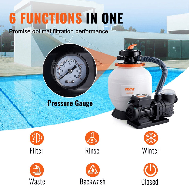 Sand Filter System For Above Ground Pools With 34HP Pump 3000GPH Flow 6Way Valve 3