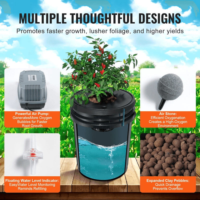 Hydroponics Deep Water Culture DWC System  8 Bucket 5 Gallon Kit With Air Pump  Stones 8