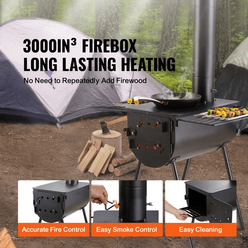 Portable Wood Stove Camping Hot Tent BBQ Stove With Chimney Pipes For Outdoor Cooking Heating 1