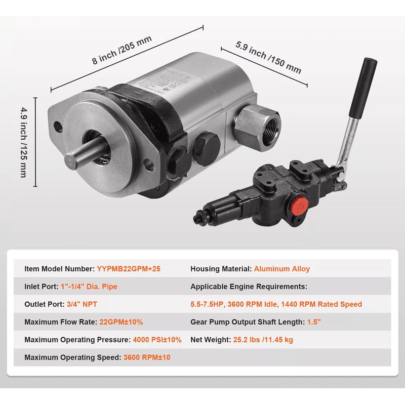 HeavyDuty VEVOR Hydraulic Log Splitter Pump Kit Gear Pump Stage With Valve Quiet Operation PSI For  10