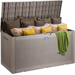 outdoor storage deck box, weatherproof resin patio organizer bench with lockable lid
