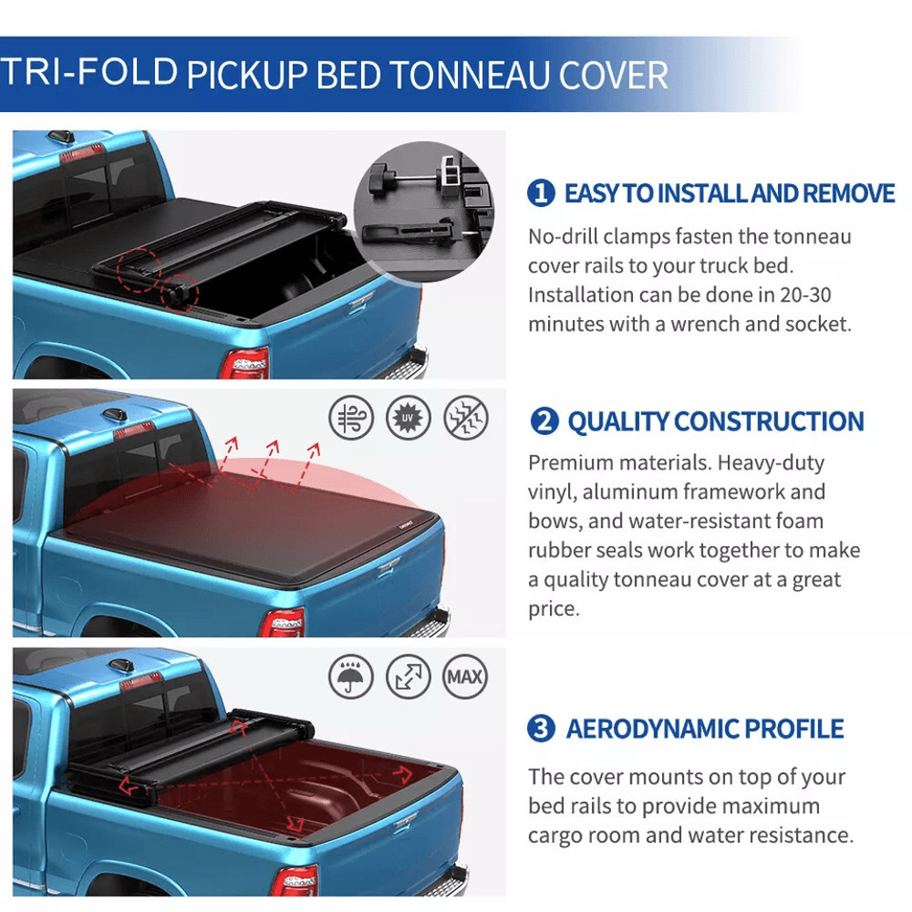 TriFold Cover For Chevy Silverado GMC Sierra 1500 Fleetside Truck Bed Soft Folding Pickup Bed Cove 4