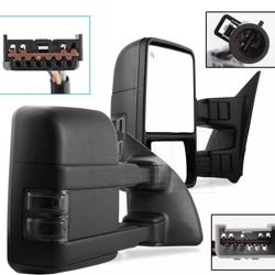 power heated tow mirrors for ford super duty, smoke turn signal side mirrors, towing upgrade w/ black shell