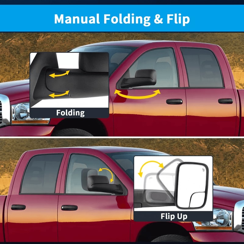 Power Heated FlipUp Tow Mirrors Pair For Dodge Ram Manual Folding Black 2