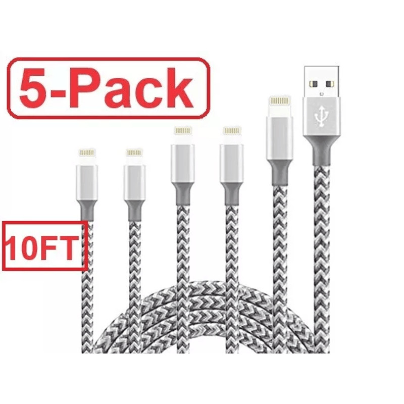 5 Pack Heavy Duty Fast Charger Cables For IPhone Durable Nylon Braided Charging Cord 5